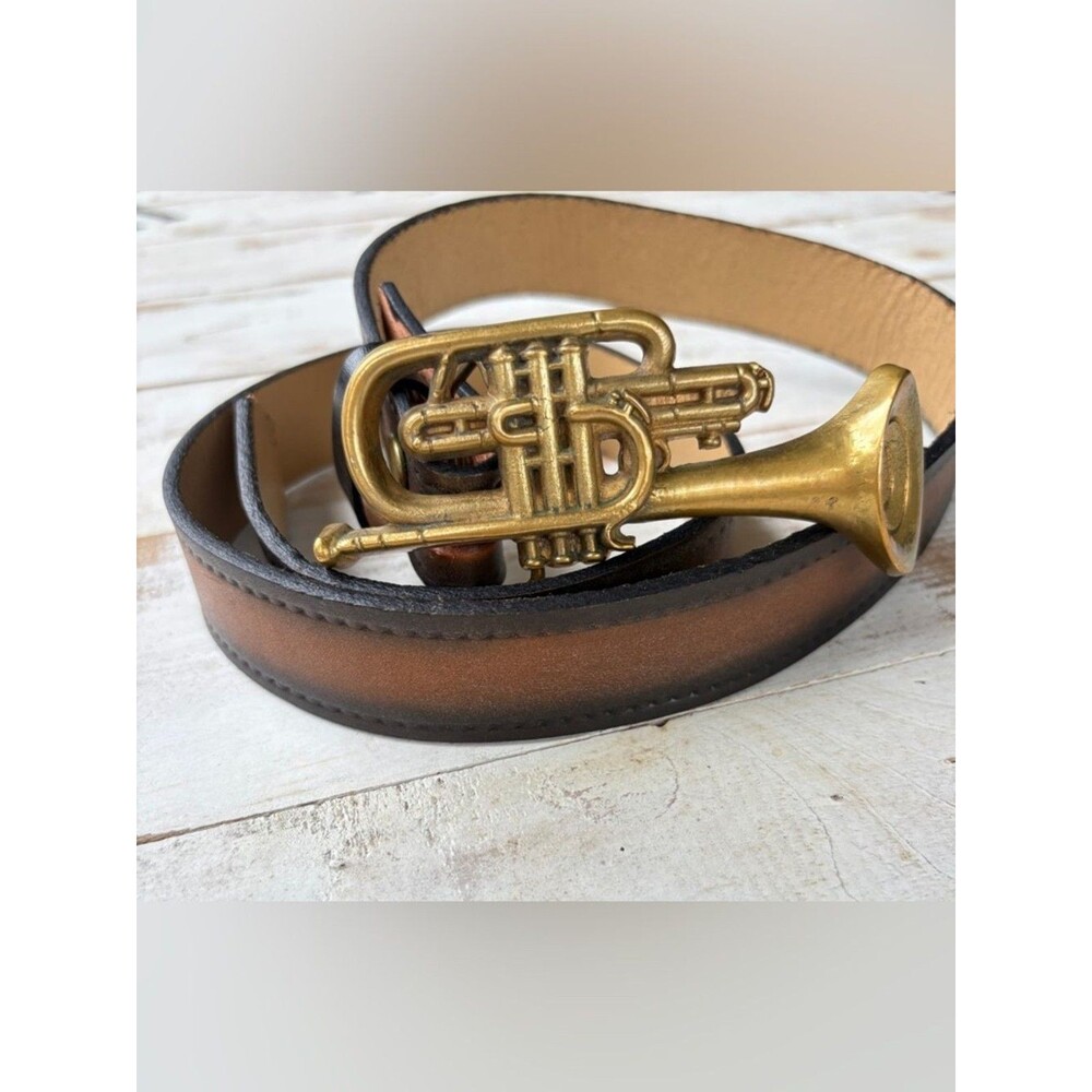 Vintage 70s leather belt Baron solid Brass Buckle cornet trumpet music band 34